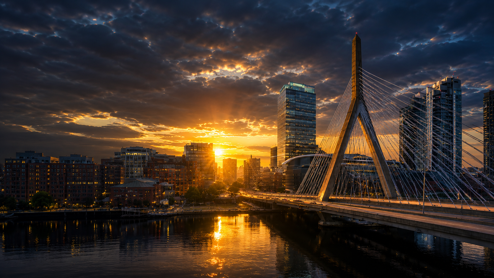Boston skyline at sunset with the Zakim Bridge